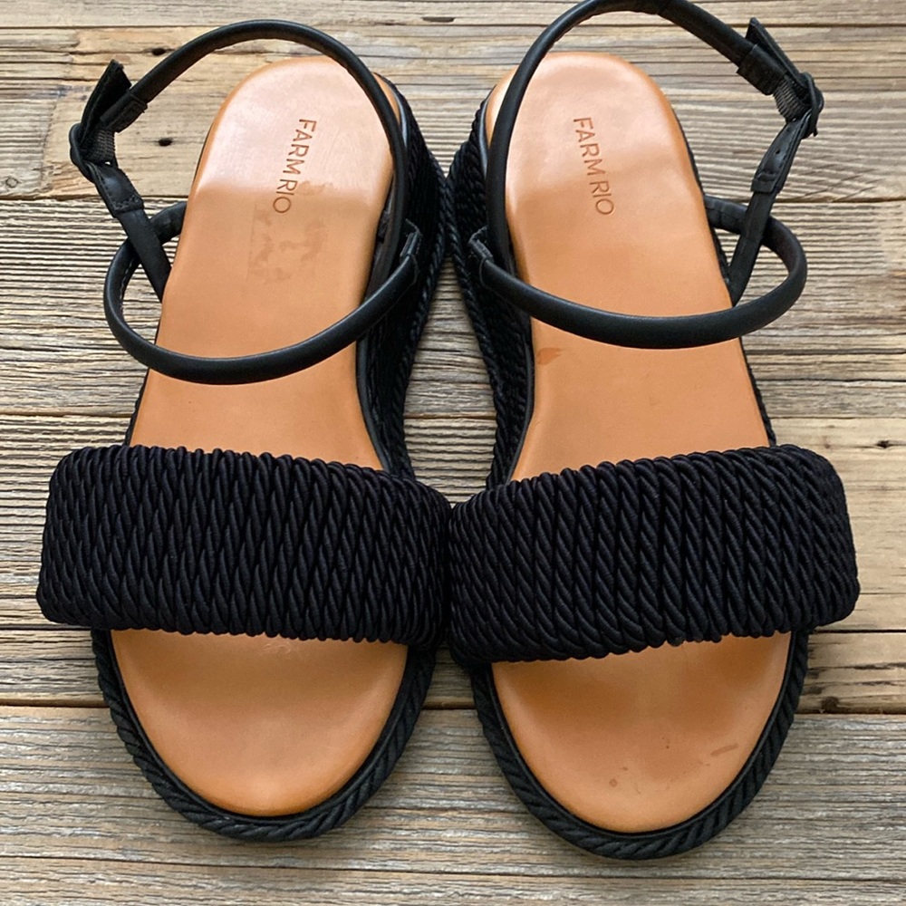 FARM Rio Black Rope Strap Wedge Sandals